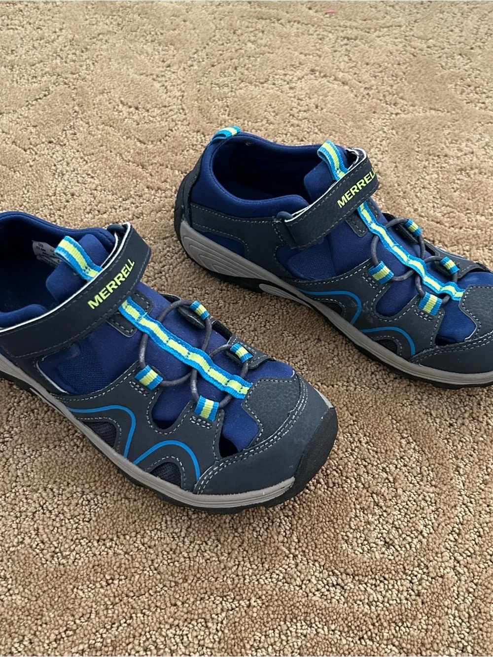 Merrell Kids Navy and Bright Blue Sport Sandal with Lime Accents